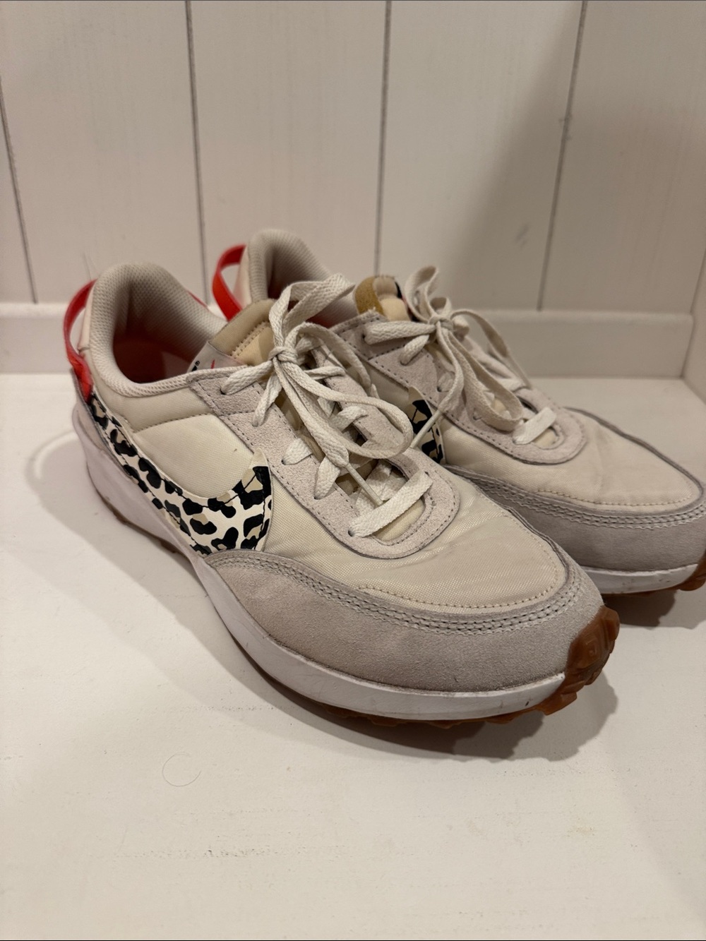 Nike Women's Ivory Sneakers with Red Heel and Black-White Animal Print